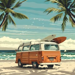 Retro-inspired illustration of a classic wood-paneled van parked on a sandy beach with surfboards ready for action