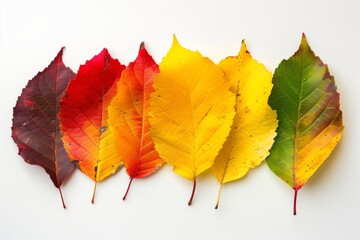 Autumn composition, colorful leaves in a row, gradient from green to yellow to red.