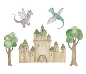 Historical collection with fairy-tale characters. Watercolor hand drawn isolated  illustrations on white background - 767338528