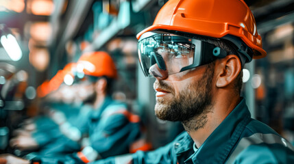 Focused Industrial Worker Wearing Safety Gear. - obrazy, fototapety, plakaty