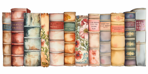 A row of books with a floral design on the spine - obrazy, fototapety, plakaty