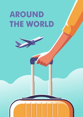 Woman holding a suitcase in her hand close-up and a airplane taking off. Concept of vacation and travel. Vector illustration in minimalist style.