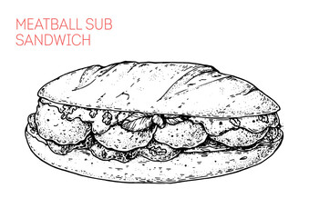 Meatball sub sandwich sketch. Hand drawn vector illustration. not AI