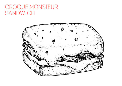 Croque monsieur sandwich sketch. Hand drawn vector illustration. not AI