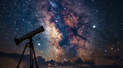 Telescope on Tripod Under Starry Night Sky