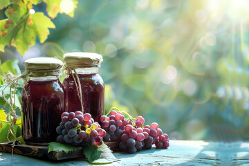 A row of jars with lids on a shelf with fruit and grapes. The jars are filled with a dark liquid - obrazy, fototapety, plakaty