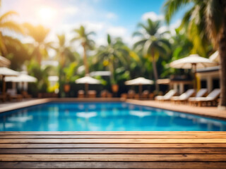 Fototapeta na wymiar Wooden table pool bokeh background, empty wood desk product display mockup with blurry tropical hotel resort abstract poolside summer travel backdrop advertising presentation. Mock-up, copy space