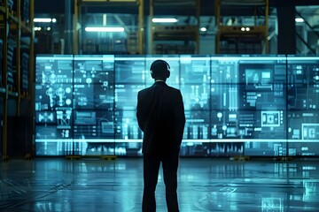 A businessman uses a virtual interface panel in a futuristic logistics setting with a large warehouse in the background. Concept Futuristic Technology, Businessman, Virtual Interface, Logistics