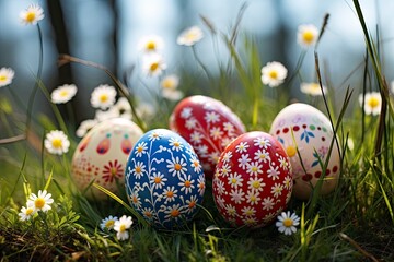 Fototapeta na wymiar Easter eggs decorated with flowers in the grass - generative ai