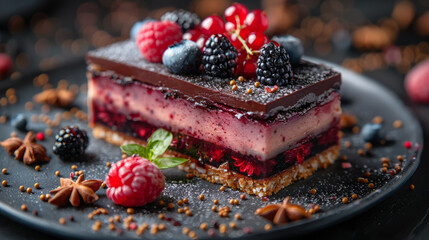 A delicious chocolate cake with berries, Generative AI