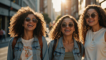 Strahlende Freundinnen im Sommerlicht: Lässiger City-Look mit Sonnenbrillen - obrazy, fototapety, plakaty