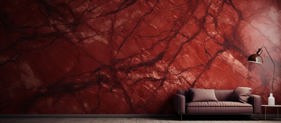 A cozy living room with a wood couch against a brick red wall, creating a warm and inviting atmosphere. The landscape art featuring magenta tints adds a pop of color to the space