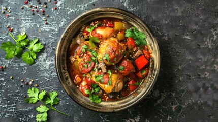 Basque chicken is traditionally stewed with vegetables (tomatoes, peppers, mushrooms) and spices. French dish - obrazy, fototapety, plakaty
