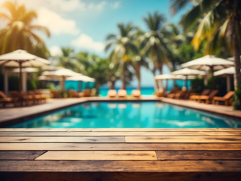 Wooden table pool bokeh background, empty wood desk product display mockup with blurry tropical hotel resort abstract poolside summer travel backdrop advertising presentation. Mock-up, copy space
