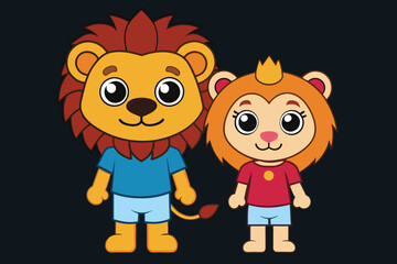 cute lion couple on black background, vector illustration
