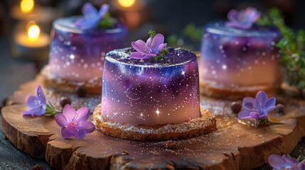 A dessert with a galaxy theme sprinkled with glitter, Generative AI