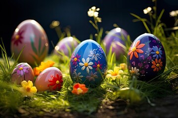 Obraz na płótnie Canvas Easter eggs decorated with flowers in the grass - generative ai