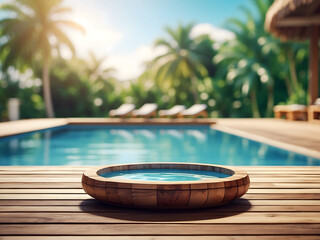 Fototapeta na wymiar Wooden table pool bokeh background, empty wood desk product display mockup with blurry tropical hotel resort abstract poolside summer travel backdrop advertising presentation. Mock-up, copy space