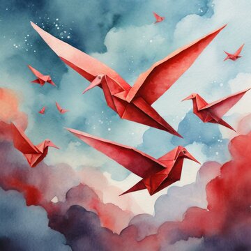 origami red paper birds in the cloudy sky