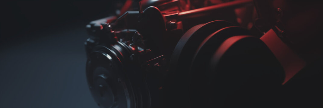 Close-up view of a car engine against a dark background, accentuated by dramatic lighting that casts shadows and highlights the metal surfaces