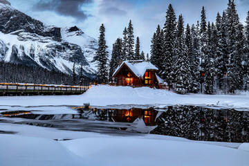 Rocky Mountain Winter at Emerald Lake cabin  with frozen lake with lights