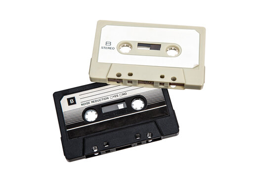 Close-up of an audio cassettes with a sticker without text.  Analog storage medium. Cassettes for audio recordings and music.