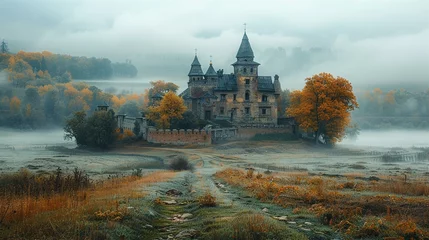 Photo sur Plexiglas Vieil immeuble German medieval castle locates on hill at rural countryside, reconstructed in 19th century. Morning view in fog and mist.  