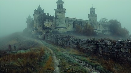 German medieval castle locates on hill at rural countryside, reconstructed in 19th century. Morning view in fog and mist.   - obrazy, fototapety, plakaty