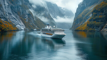 White Cruise ship passes a narrow canyon of rock on the way to North Sea. Drone camera