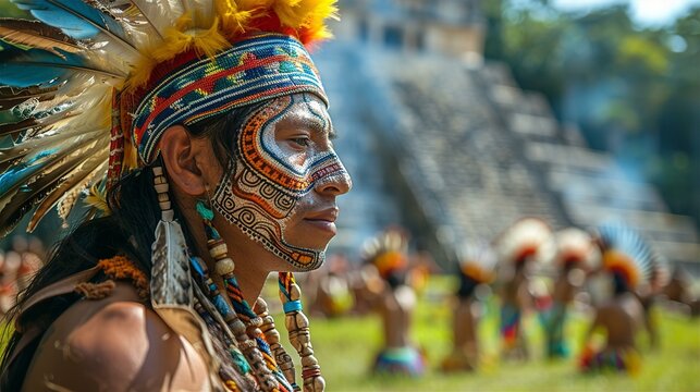 Young Mayan man wearing traditional feathers head crown, face painting and tattoo decoration. History, traditions and Inca, Aztec culture concept portrait 
