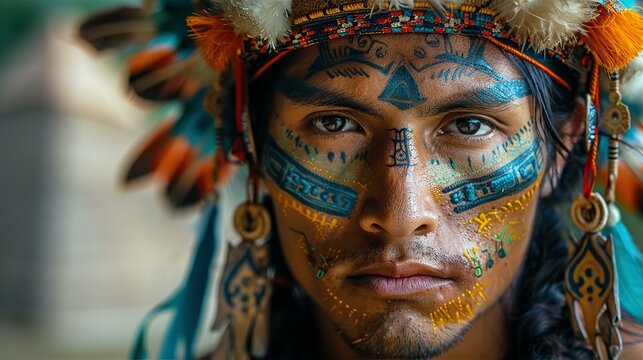 Young Mayan man wearing traditional feathers head crown, face painting and tattoo decoration. History, traditions and Inca, Aztec culture concept portrait 