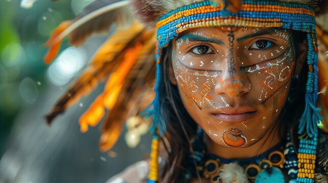 Young Mayan man wearing traditional feathers head crown, face painting and tattoo decoration. History, traditions and Inca, Aztec culture concept portrait 
