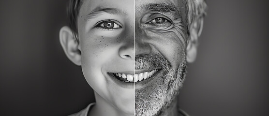 portrait of same young and old man smiling, AI generated