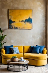 Yellow curved sofa with blue cushions and round rustic wood coffee table against stucco wall with poster. interior design of modern living room