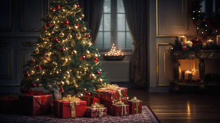 Fototapeta na wymiar Christmas tree with toys, gifts under the tree