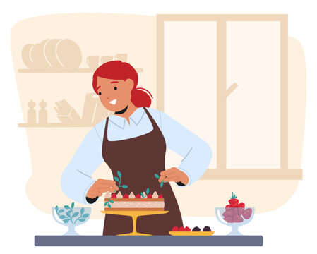 Woman Skillfully Adorns A Cake With Fresh Berries And Toppings On A Kitchen Counter, Cartoon People Vector Illustration