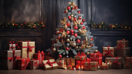 Fototapeta premium Christmas tree with toys, gifts under the tree