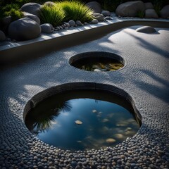 Embrace tranquility through this conceptual pond, reflecting the ancient principle of yin and yang with its interlocking light and dark waters.