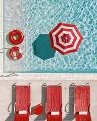 Aerial view of a olympic swimming pool with some red and white sun loungers, floats and umbrellas