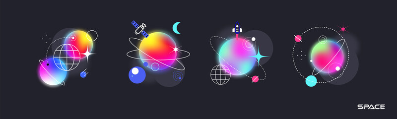 Set of abstract colored planets in space subjects.