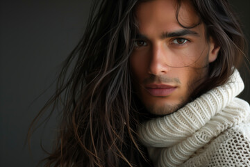 Close-up portrait of a very handsome young hispanic / latino man with long dark hair, brown eyes, and a white sweater - isolated, dark background, copy space