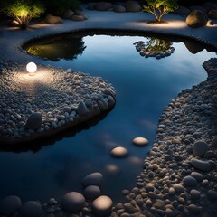 An enchanting view captures a small pond, bathed by a solitary light that emits a soft glow, reflecting off the water and the systematic array of sizes of surrounding rocks.