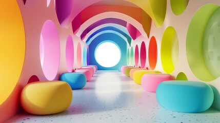 A vibrant and immersive 3D rendering of a room filled with colorful circles