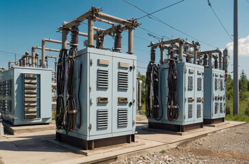 High voltage transformers at electric station on a sunny summer day, blue sky power plant