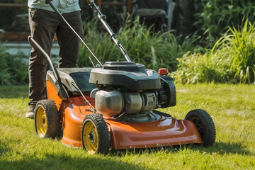 Man using lawn mower to cut grass in his beautiful home garden on a sunny summer day