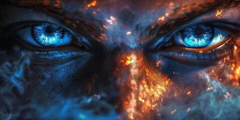 Woman's blue eyes in the dark. Fire. Piercing eyes. Burning demonic eyes. Fiery Mysterious. Magic, secrecy, mysticism, visual effect. Hypnosis, power of sight. Look. Close up. Game art. Man - obrazy, fototapety, plakaty