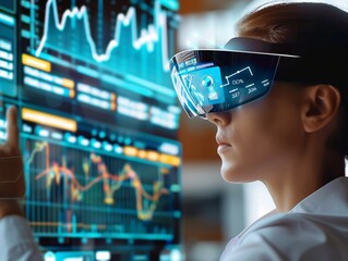 A woman wearing a virtual reality headset is looking at a computer screen with graphs and numbers. Concept of technology and innovation, as well as the idea of being immersed in a digital world - obrazy, fototapety, plakaty