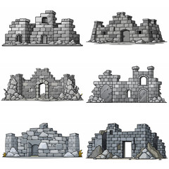 Ancient medieval stone ruins set. Broken castle, fort, temple ruins. Rock building. Ancient kingdom city element, fortress, old citadel structure, arch. Grey stone brick wall vector illustration.