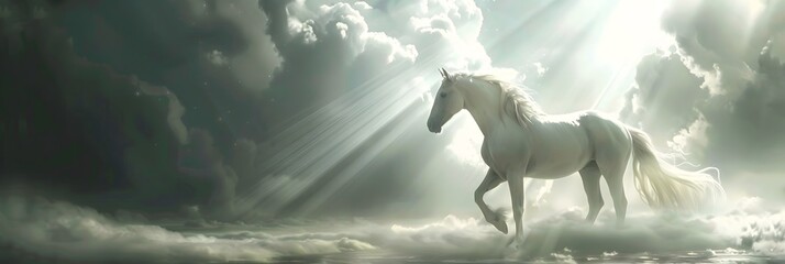 Obraz na płótnie Canvas Majestic White Horse Surging Through Ethereal Heavenly Clouds,Prophetic Revelation of the Apocalypse