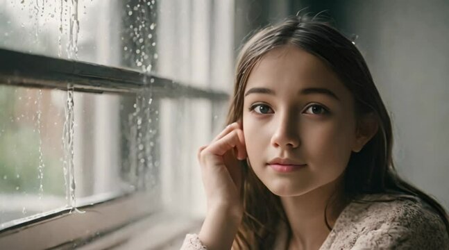 animation of a child sitting in front of a window watching it rain and drops hitting the window, a depressing atmosphere